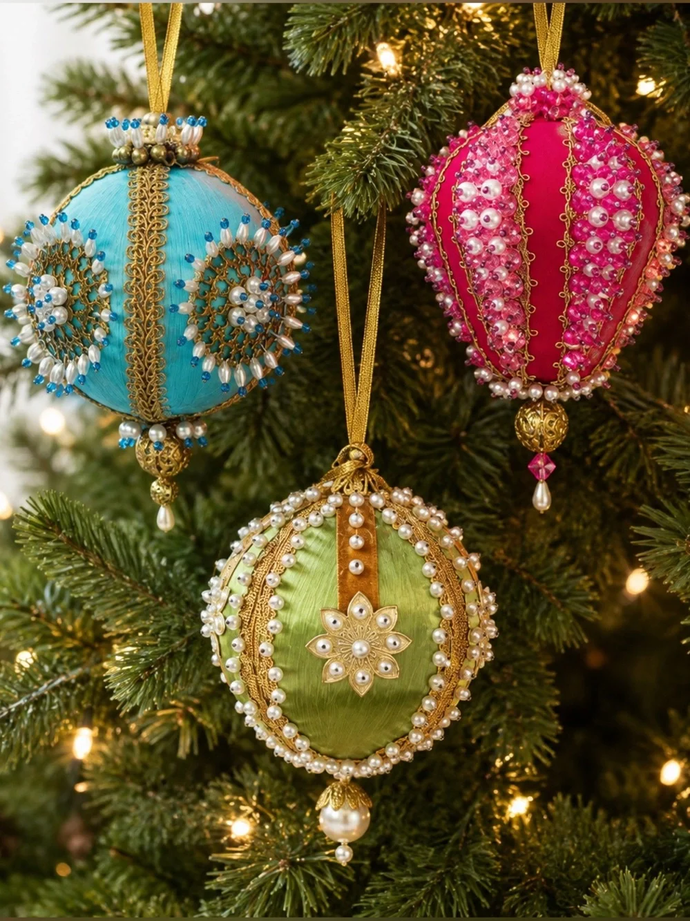 Vintage Handmade Beaded Pushpin Christmas Ornaments Sequins Ribbon Large Set 3